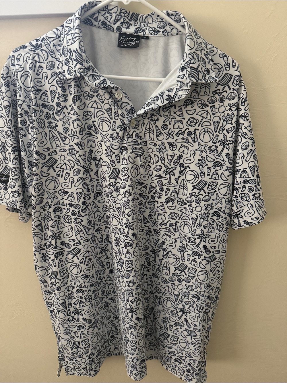 Sovereign Code Men's White Polo with Navy Beach Doodle Print